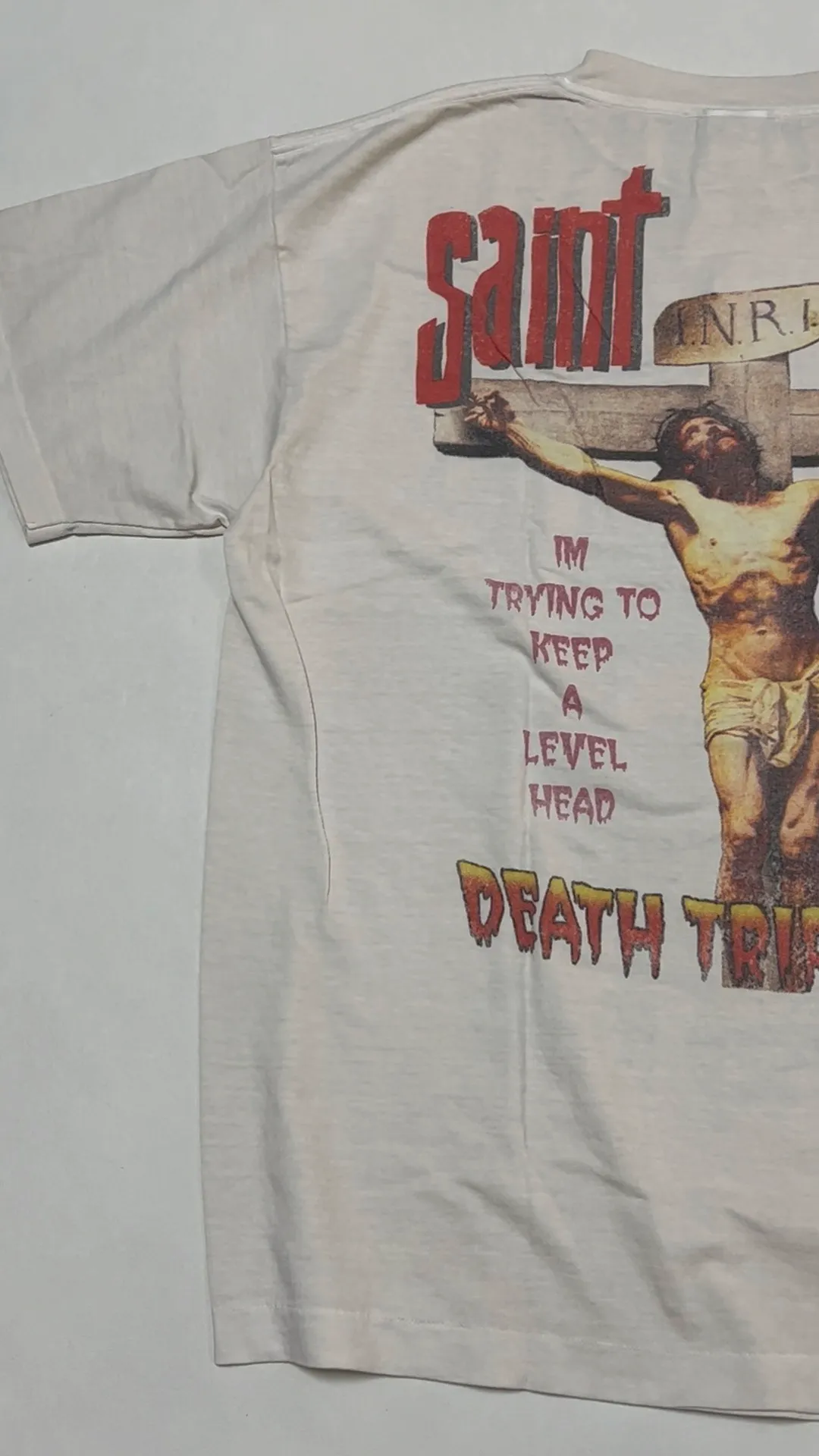 SAINT MICHAEL SAINT WAR TEE/WHAT new style Jesus cross retro short-sleeved, off-white S-XL, ready-to-wear, washed and distressed, printed repeatedly and modified, tube-woven seamless fabric, with little angel anti-counterfeiting label
